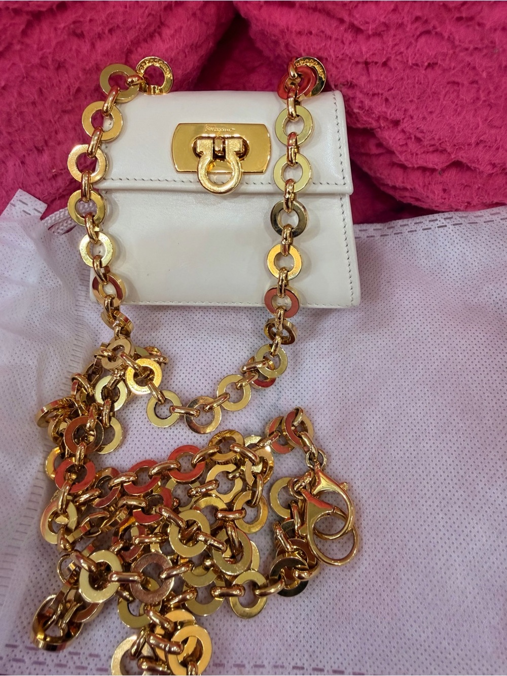 Salvatore Ferragamo White Leather Crossbody with Gold Chain